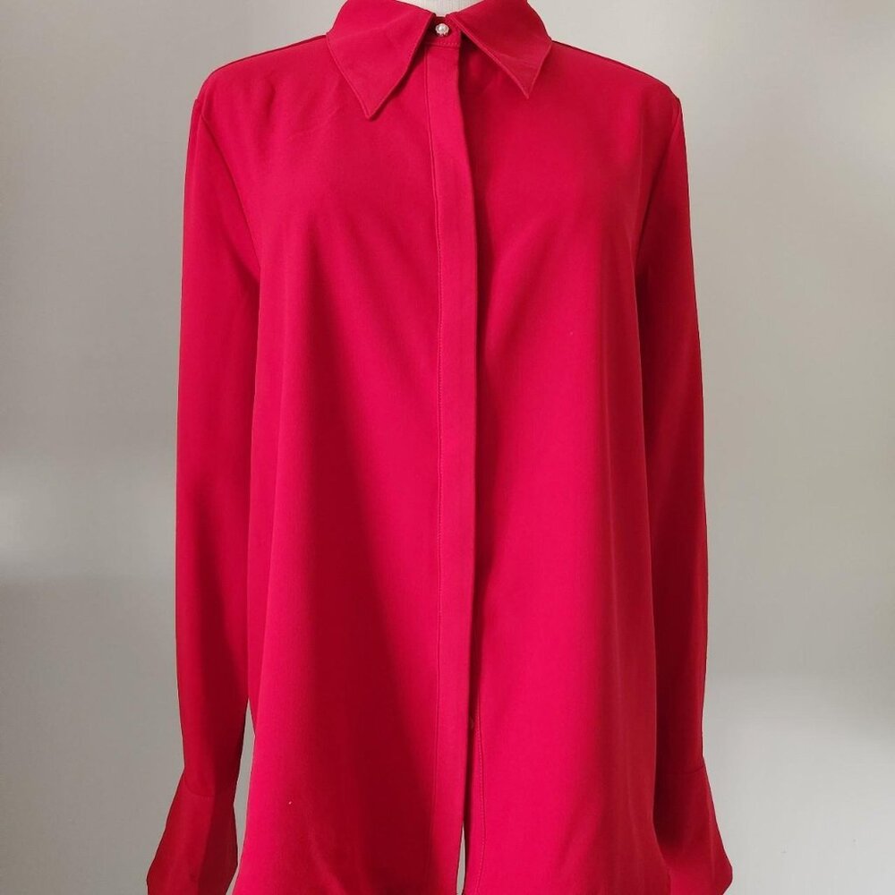 MOTF Red Long Sleeve Button Up Blouse w/ Gold & Pearl Button Details. SZ MD.